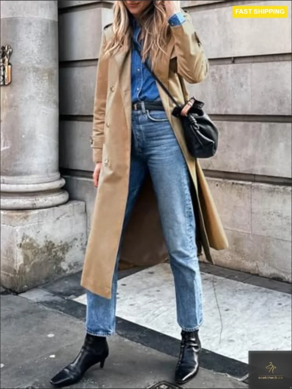 Classic Trench Coat Long Double Breasted Elegant Fall Overcoat with Belt - Picture 5 of 7